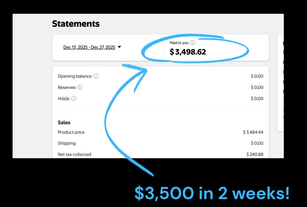 Store statement showing $3,498 paid in two weeks