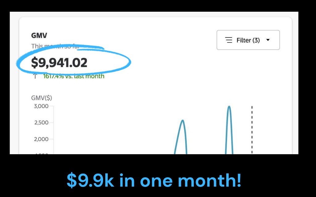 Store GMV dashboard showing $9,941 in one month