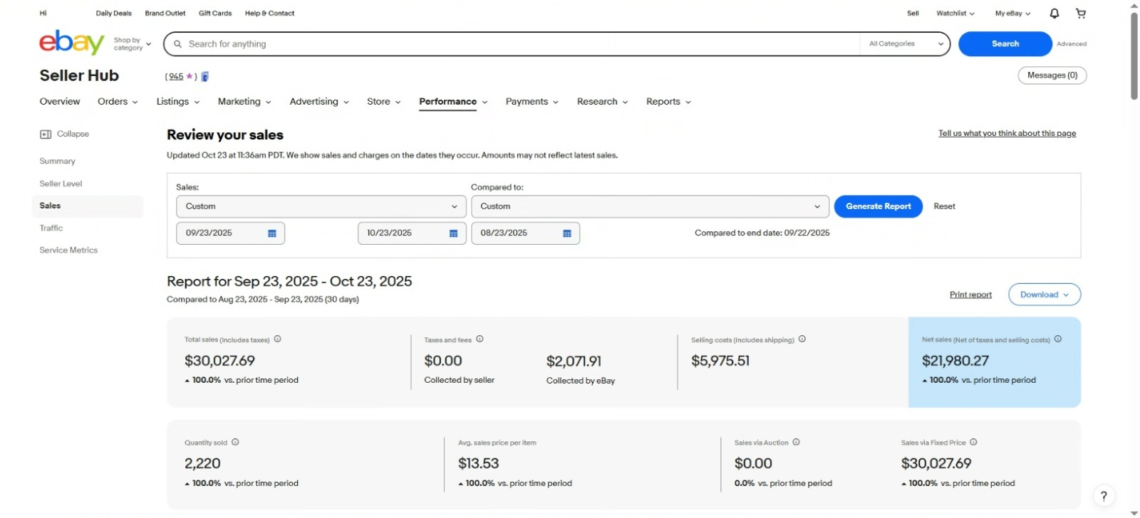 eBay Seller Hub Performance Report - Sales Data 1
